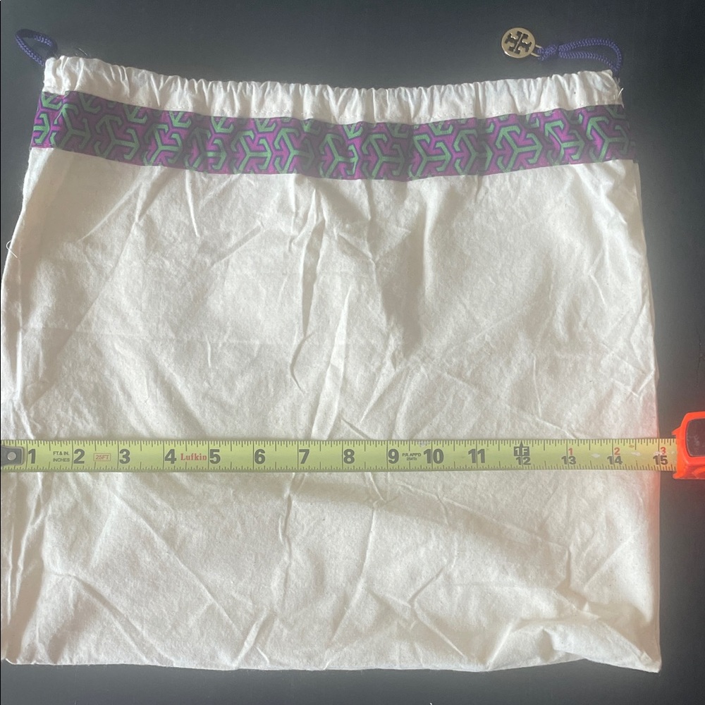 Tory Burch White Drawstring Purse Duster with Purple Cord & Green-Purple Trim